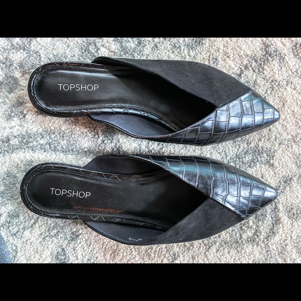 TOPSHOP Black Flats - Suede and Snakeskin (faux)